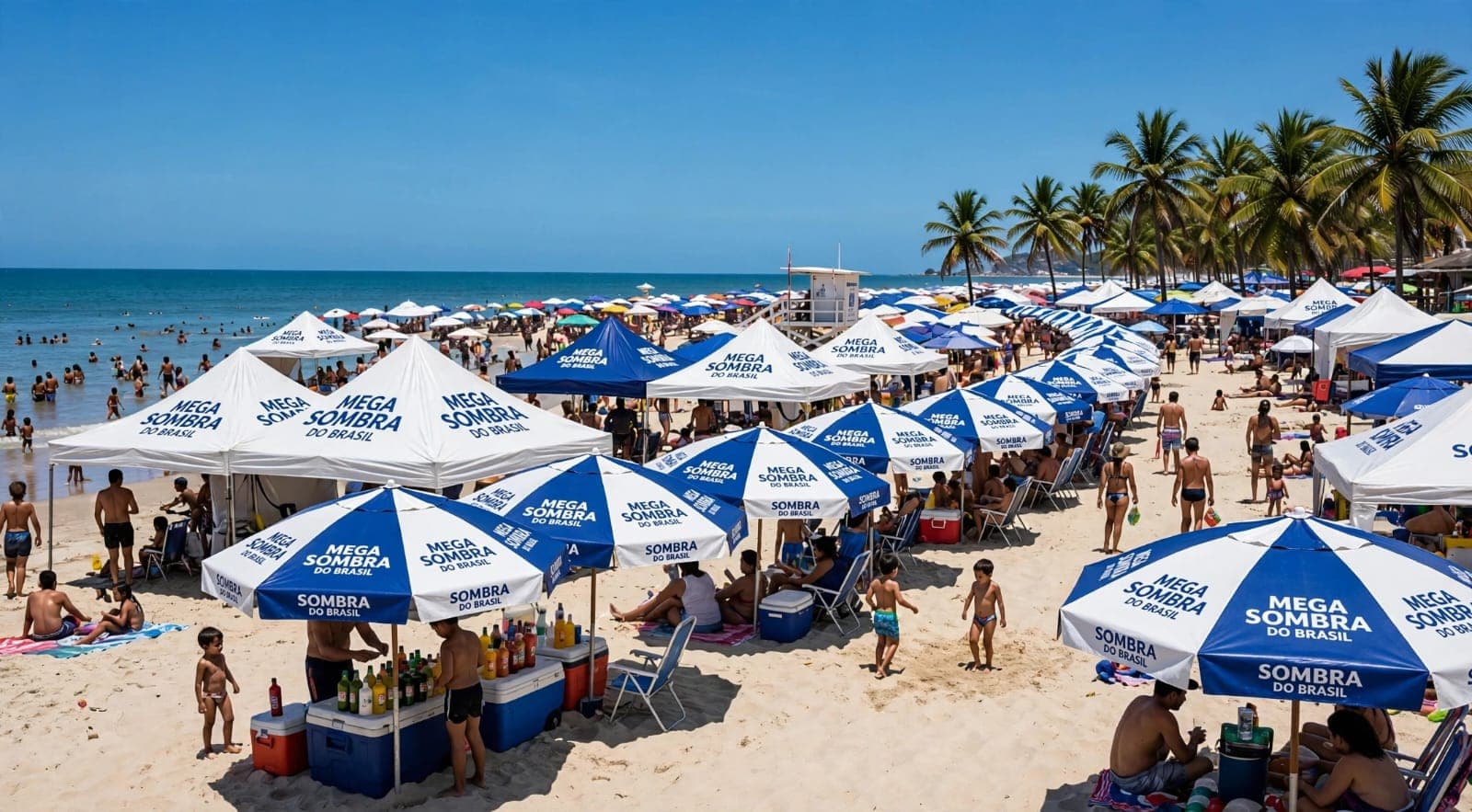 Ombrelones, tendas e guarda-sóis Mega Sombra personalizados em uso na praia